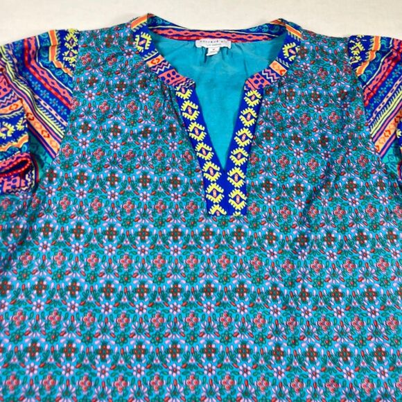 Current Air Floral Tribal Print Shirt Puff Short Sleeve Boho Vibrant Top MEDIUM - Picture 3 of 11